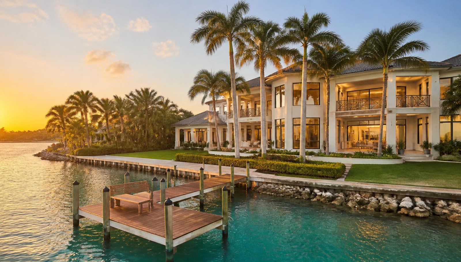 Luxury waterfront home in Sarasota at sunset
